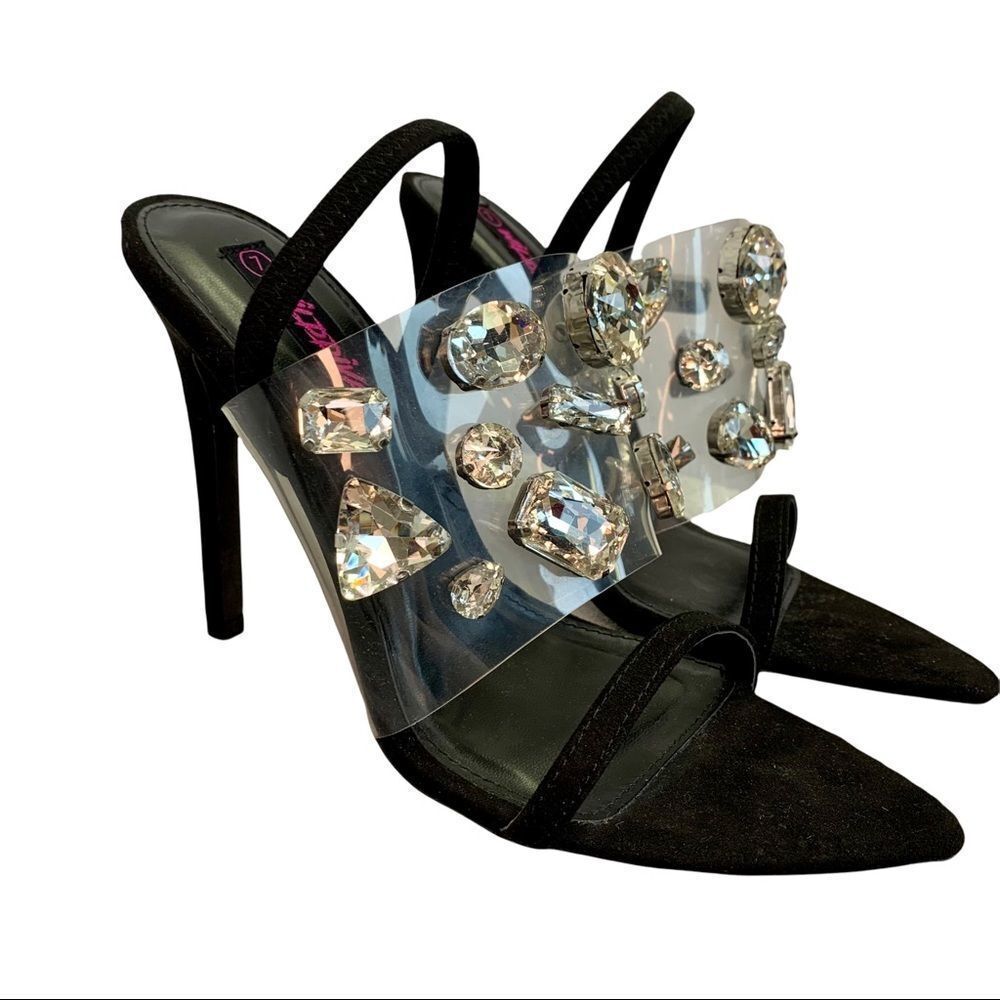 Wild Diva NWOB Black clear plastic Rhinestone Embellished sling back high heel 7 - Picture 8 of 8